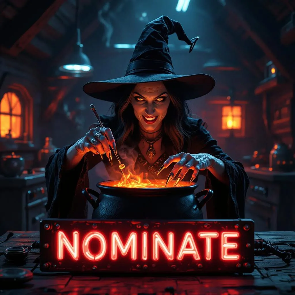 Evil-looking witch stirring a glowing cauldron with a neon red sign that reads 'NOMINATE' in front of her