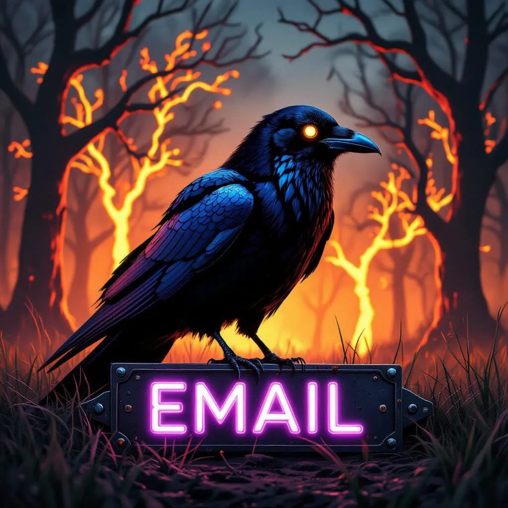 A glowing-eyed raven perched on a neon sign that reads 'EMAIL,' set against a fiery, haunted forest background.