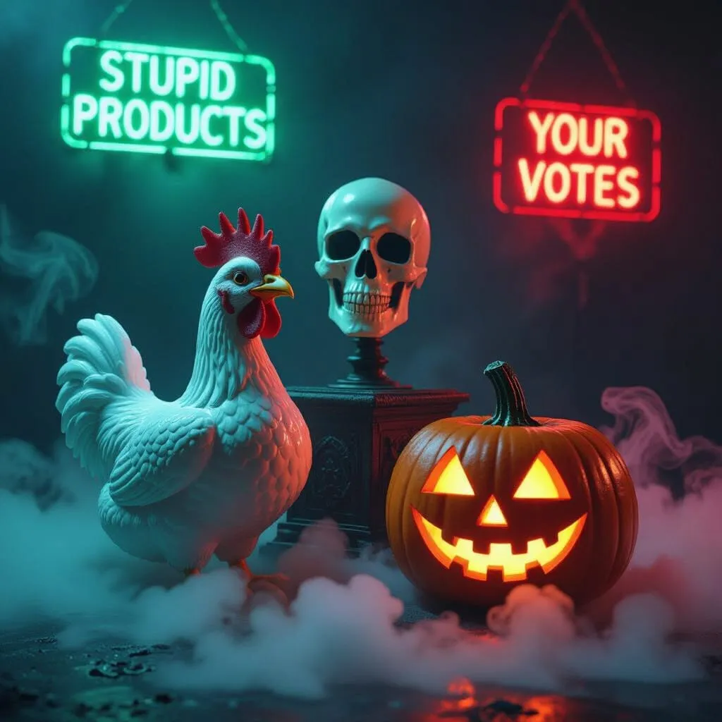 Halloween banner featuring glowing neon text "Stupid Products" and "Your Votes" with absurd spooky objects.